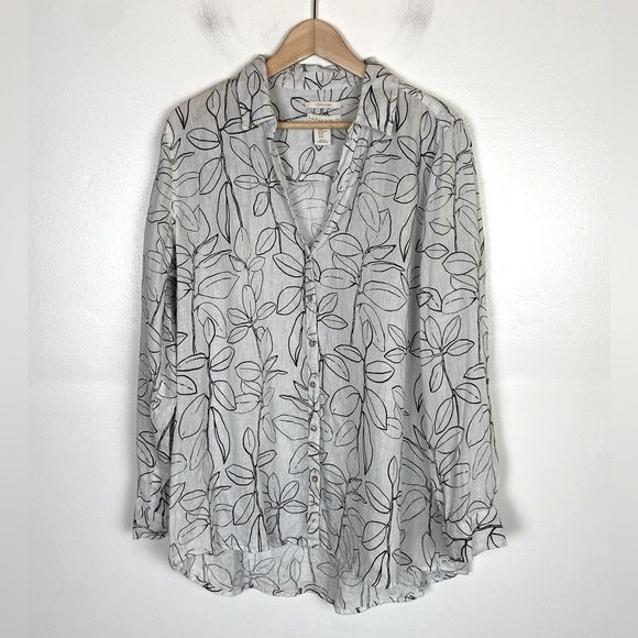 Cynthia Rowley Linen Floral Button Down Shirt Size XL White Roll Tab Sleeves - Picture 1 of 8